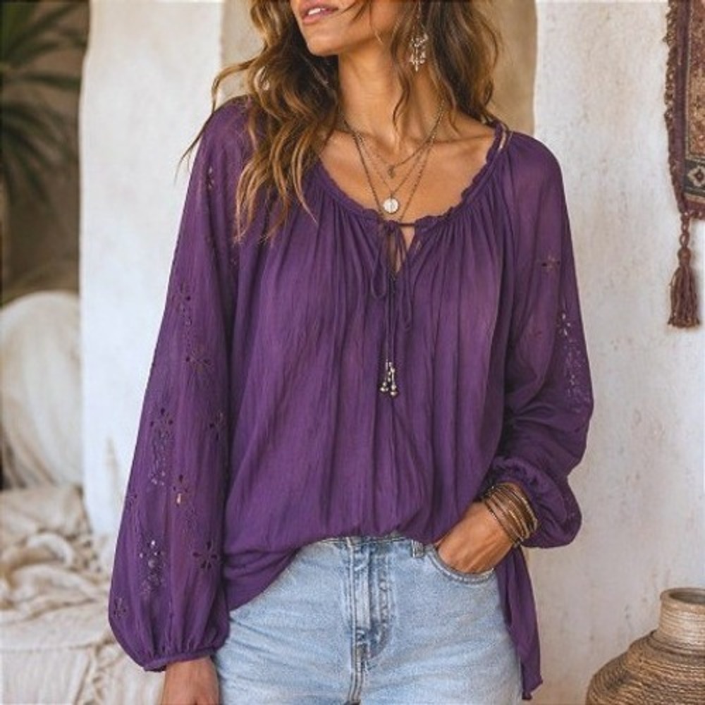 Vintage Free People Plum Purple Studded Hippie Boho Peasant Oversize Blouse S